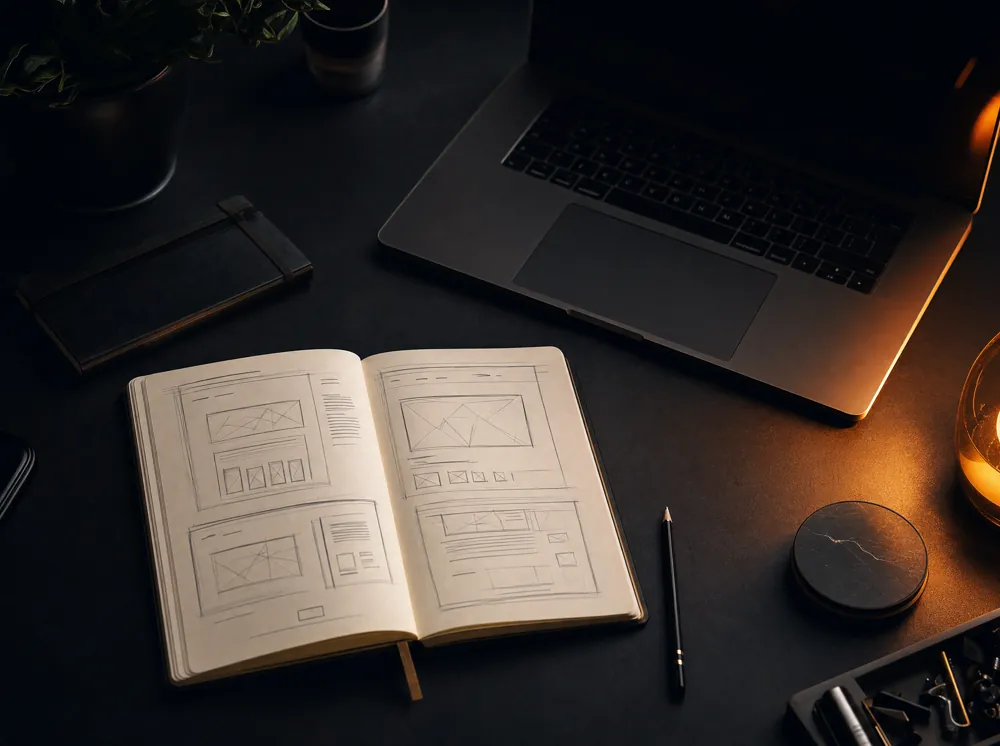 Designer workspace with wireframe sketches