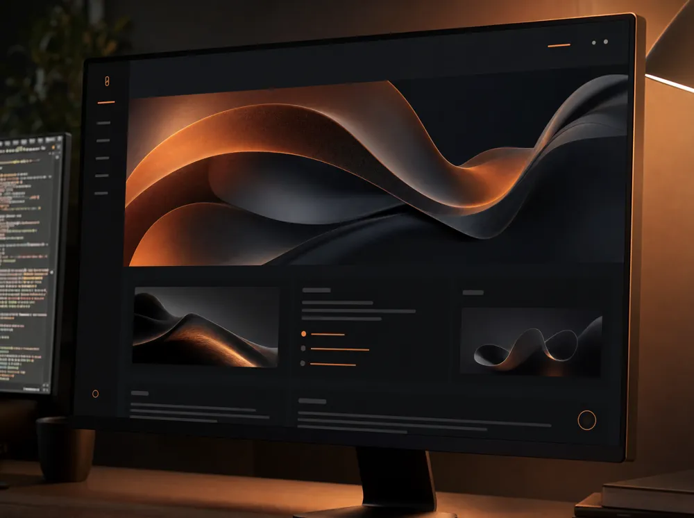 Monitor showing a website interface in a dark studio